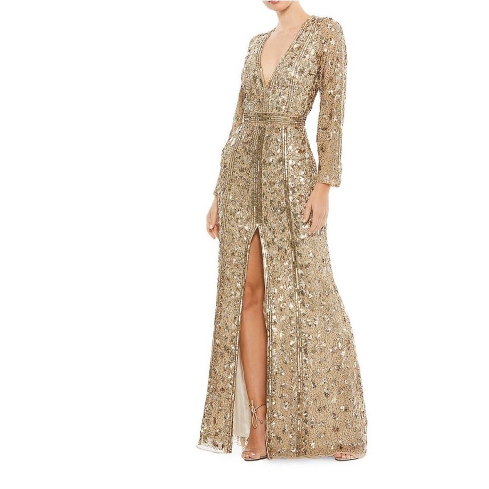 COPY - Mac Duggal 5002 Embellished Long Evening Dress Antique Gold Sequin Size …